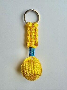 Yellow Paracord Monkey Fist Keychain with Blue Wrap
